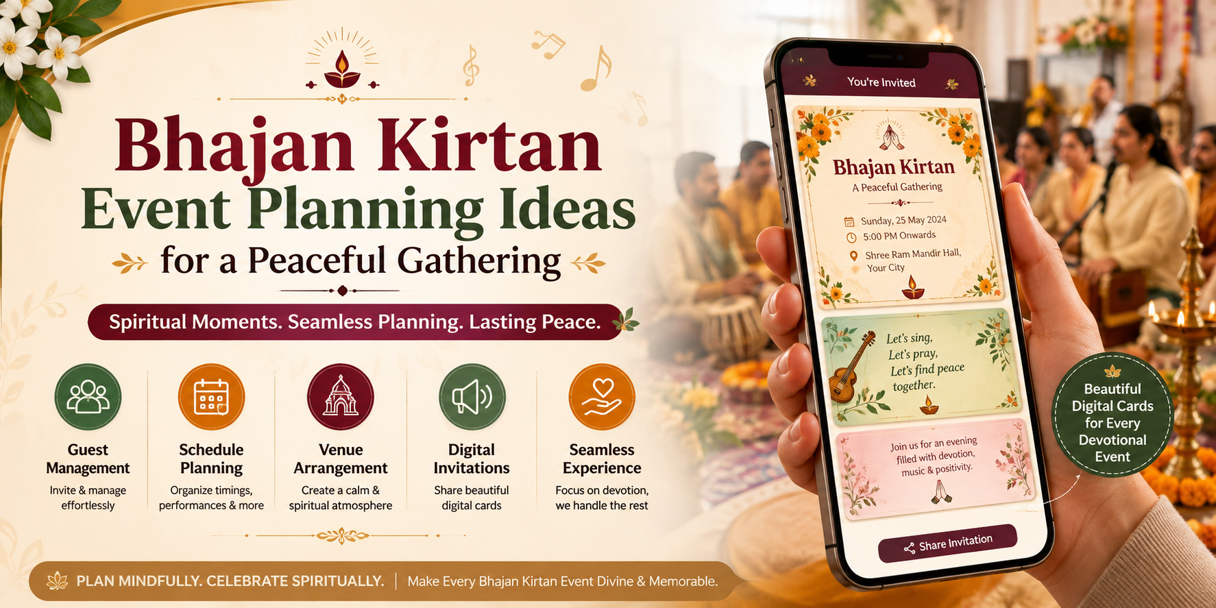Devotional community gathering prepared for a Bhajan Kirtan event