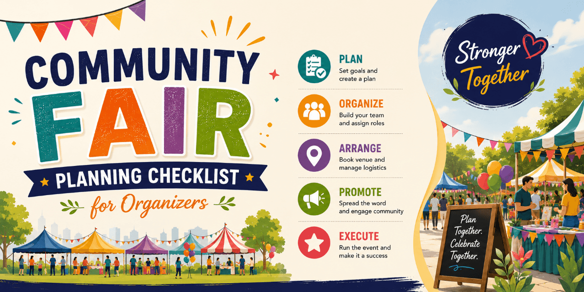 Community fair with visitors, activity areas, and local event stalls