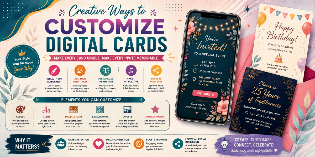 Customized digital card with personalized colors, photos, typography, and event details