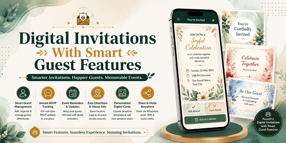 Digital invitation with smart guest features including RSVP, schedule, photos, and event information