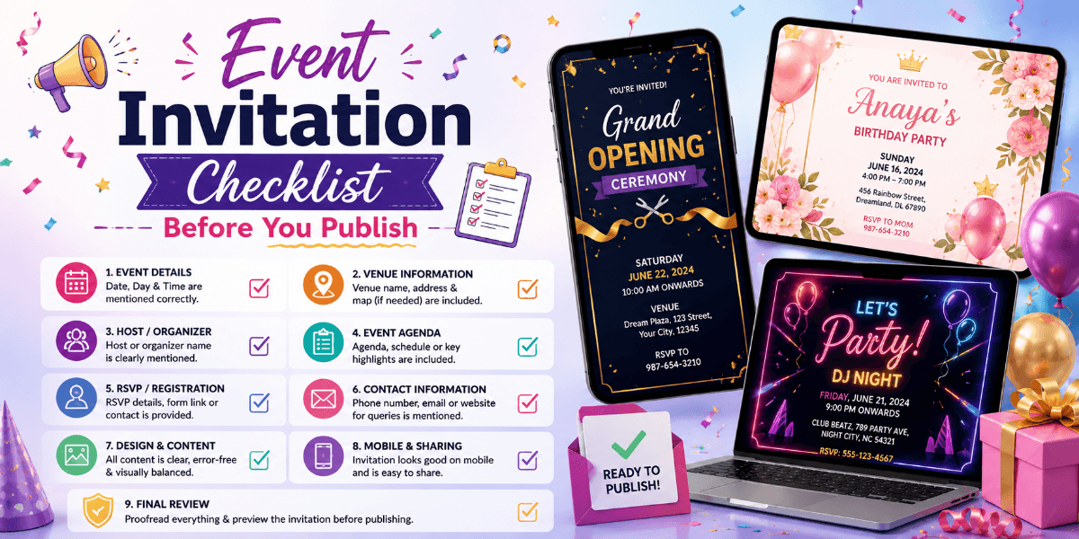 Digital event invitation checklist displayed on a laptop and smartphone