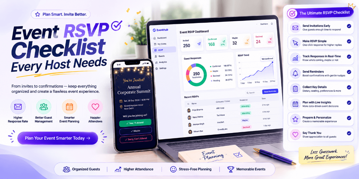 Event RSVP checklist and guest responses displayed digitally