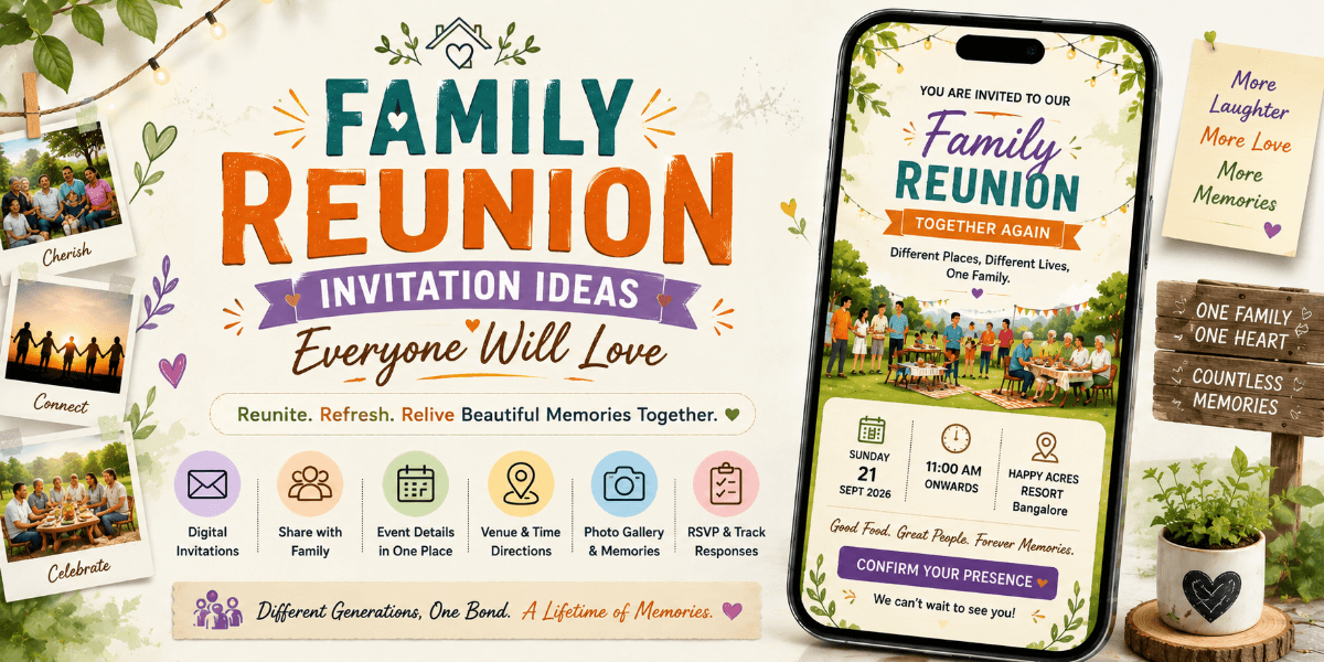 Warm digital family reunion invitation featuring family gathering details