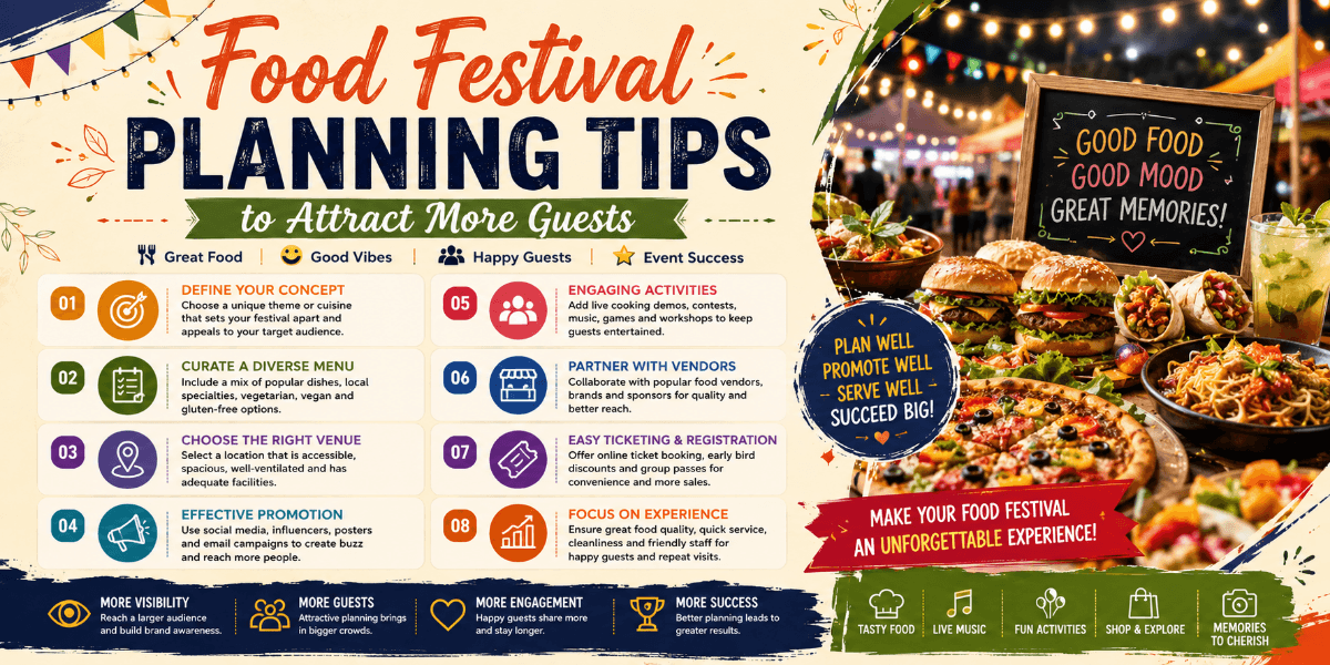 Guests exploring food stalls at a lively food festival