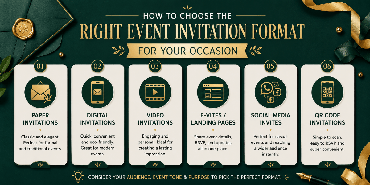 Different digital event invitation formats displayed for different occasions