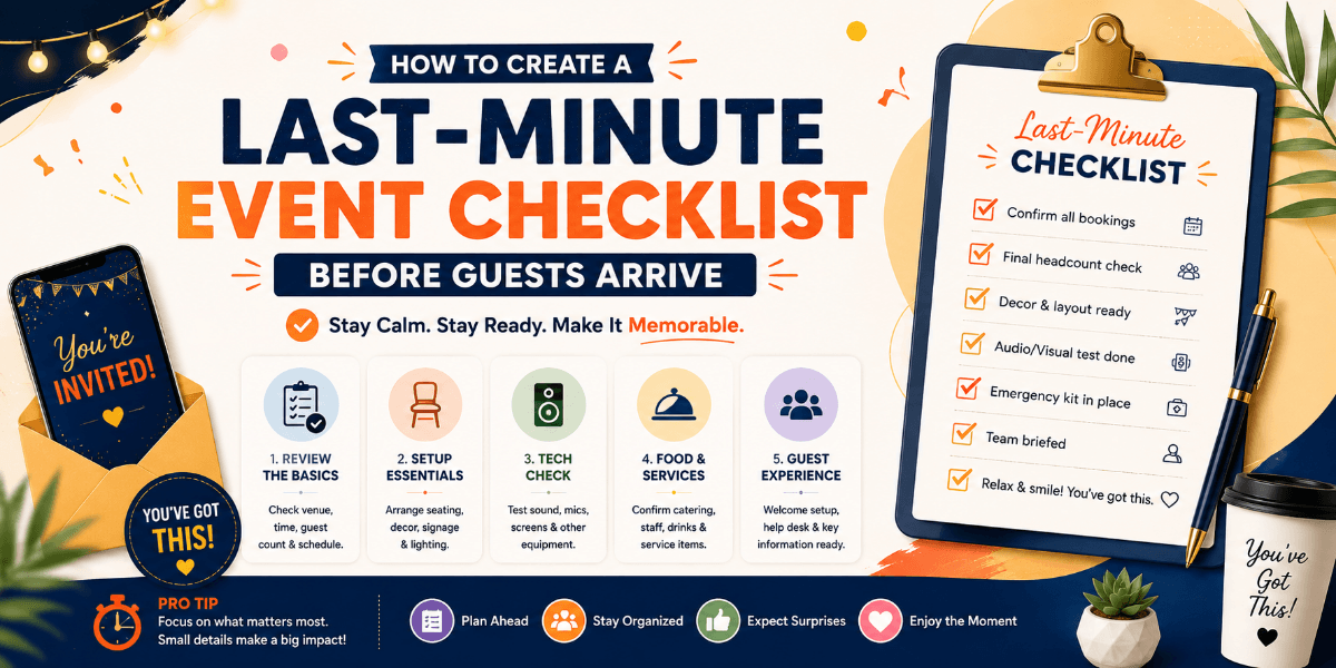 Event organizer reviewing a final checklist before guests arrive