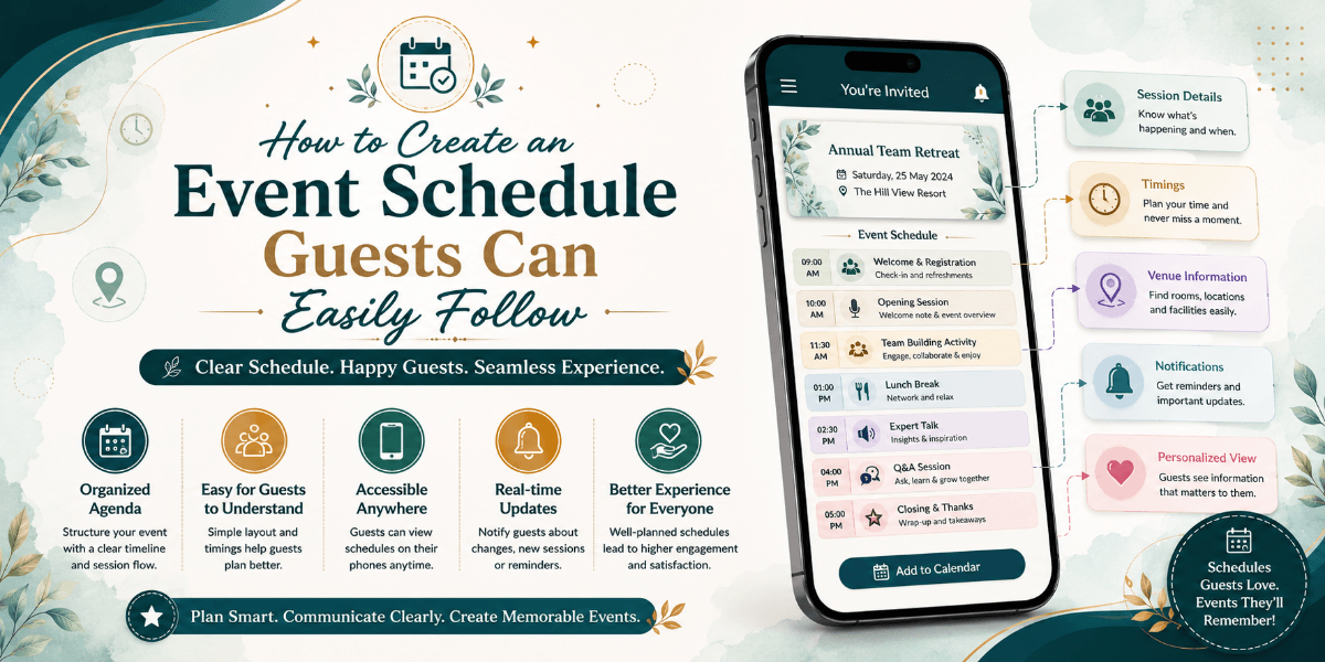 Clear digital event schedule showing timings and activities for guests