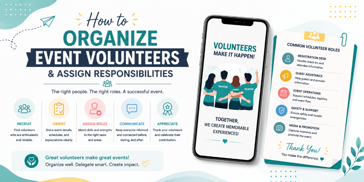 Event volunteers coordinating responsibilities before an event begins