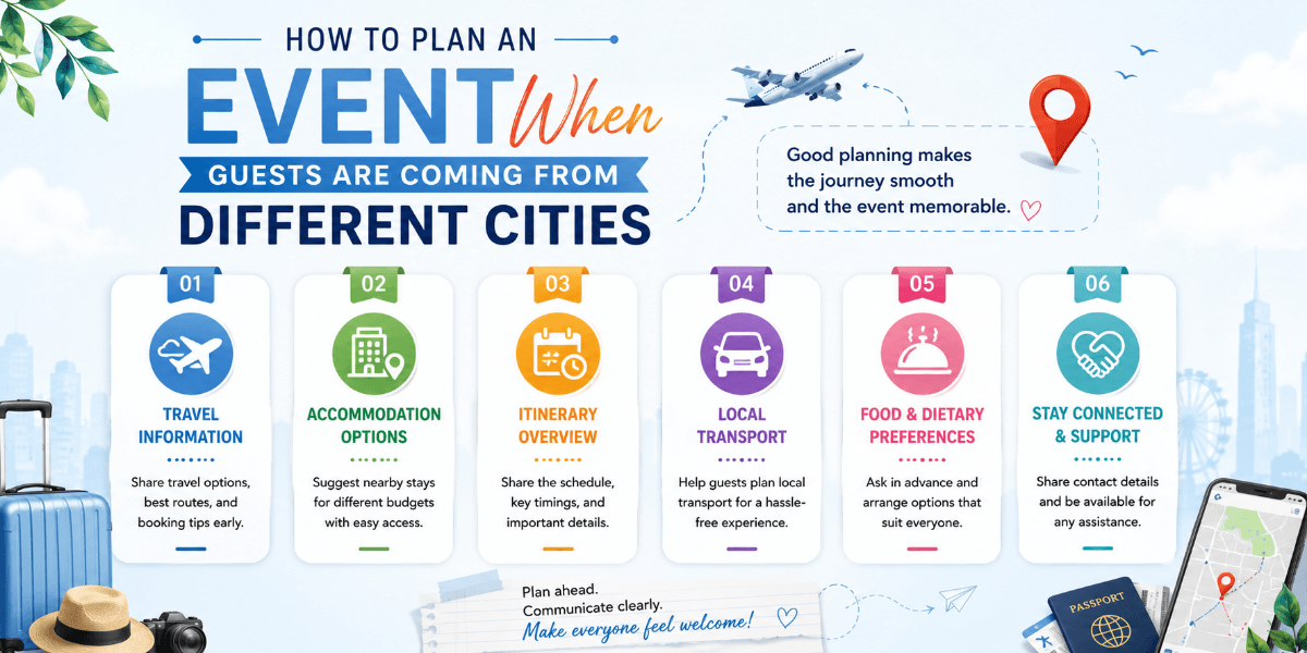 Event planning information prepared for guests travelling from different cities
