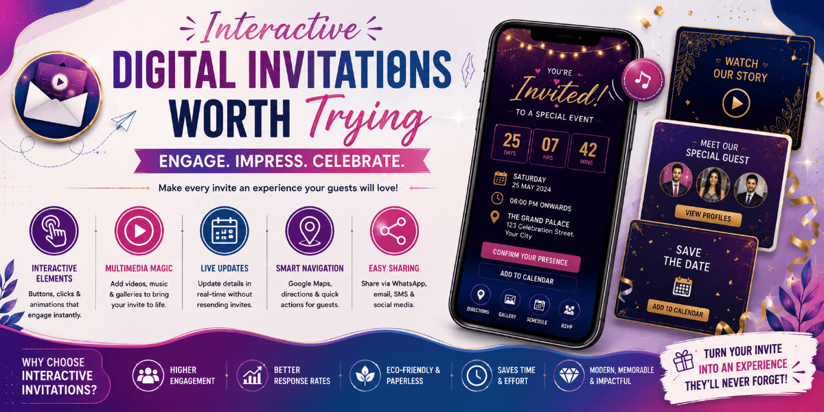 Interactive digital invitation showing event details and engagement features