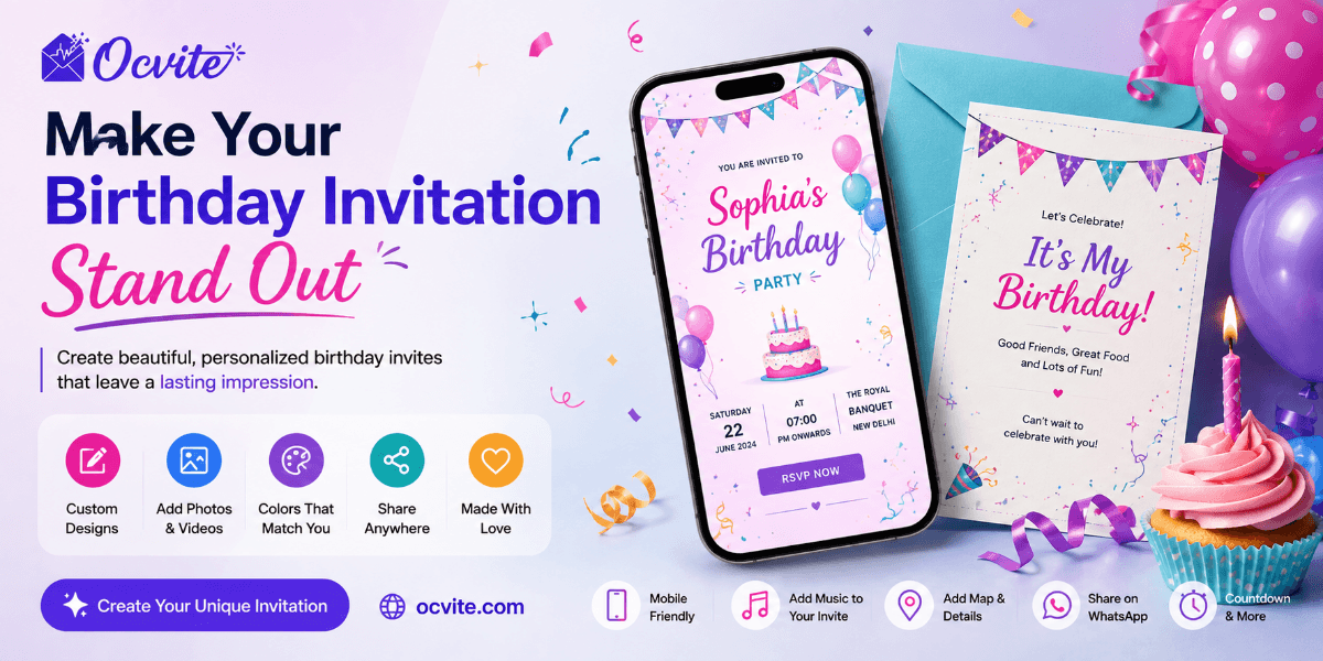 Colorful digital birthday invitation displayed on a smartphone
