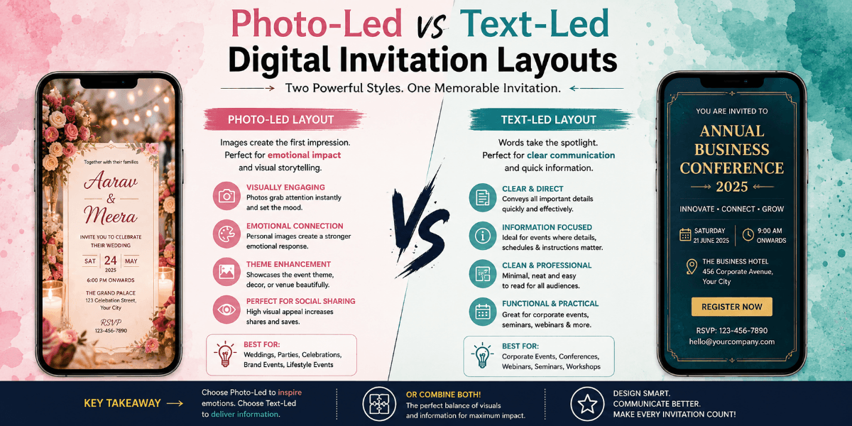 Digital invitation comparing photo-focused and text-focused design layouts