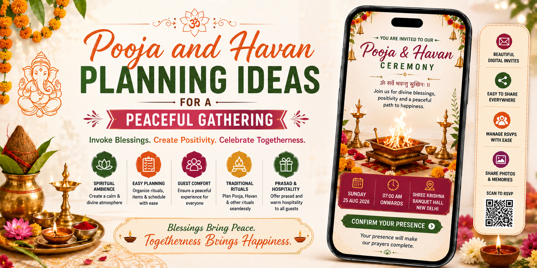 Family gathering prepared for a traditional Pooja and Havan ceremony
