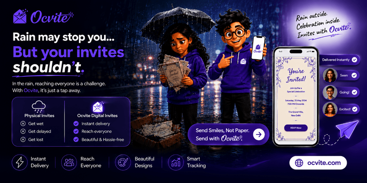 Digital event invitation displayed on a smartphone during rainy weather