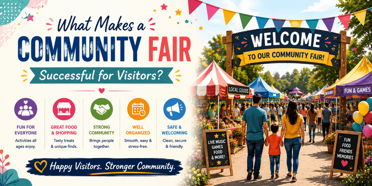 Community fair with local stalls, visitors, food, and family activities