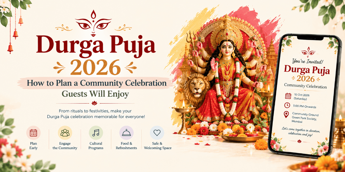 Durga Puja 2026 community celebration with digital invitation