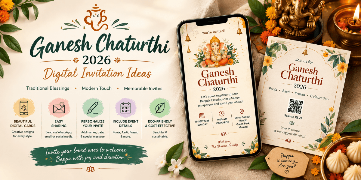 Ganesh Chaturthi 2026 digital invitation with traditional Lord Ganesha design