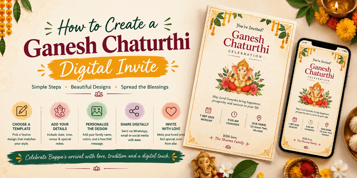 Digital Ganesh Chaturthi invitation showing puja information and festive details