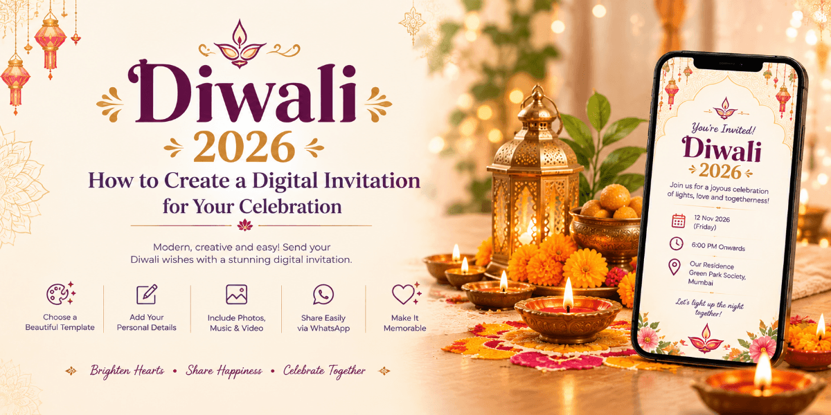 Diwali 2026 digital invitation with festive lights and traditional decorations